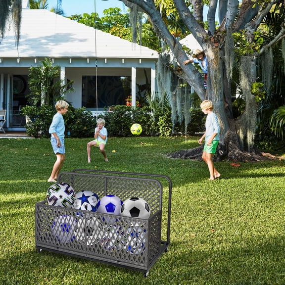 Poolside Float Storage, Outdoor Storage, Patio Basket, Storage Box, PE Rattan Outdoor Pool Caddy with Rolling Wheels for Floaties, Patio, Pool, Beach-Sturdy & Movable, Diamond Gray