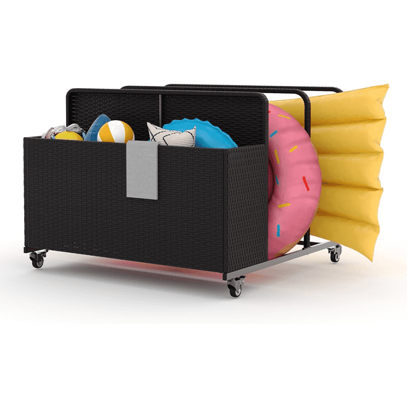Poolside Float Storage,PE Rattan Outdoor Basket with Rolling Wheels,Towel Storage Rack Patio Furniture for Storge Cushions,Floaties, Noodles,Life Vests,Beach Balls
