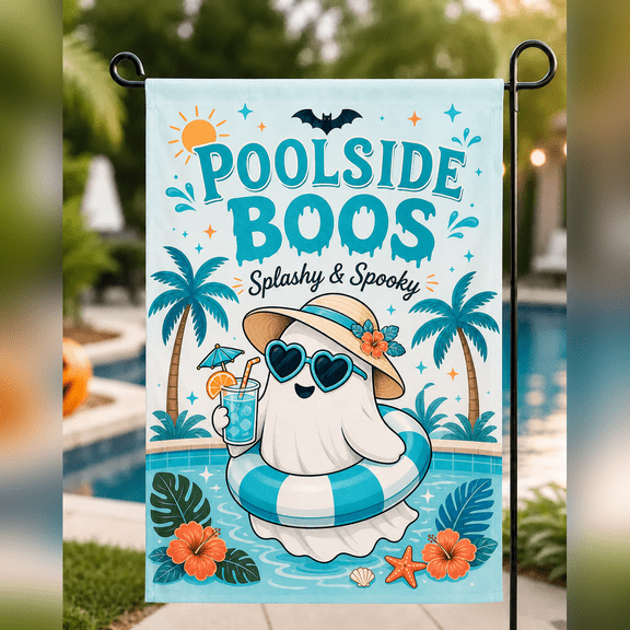 Poolside Ghost Party Aqua Blue Garden Flag Halloween Pool Decor