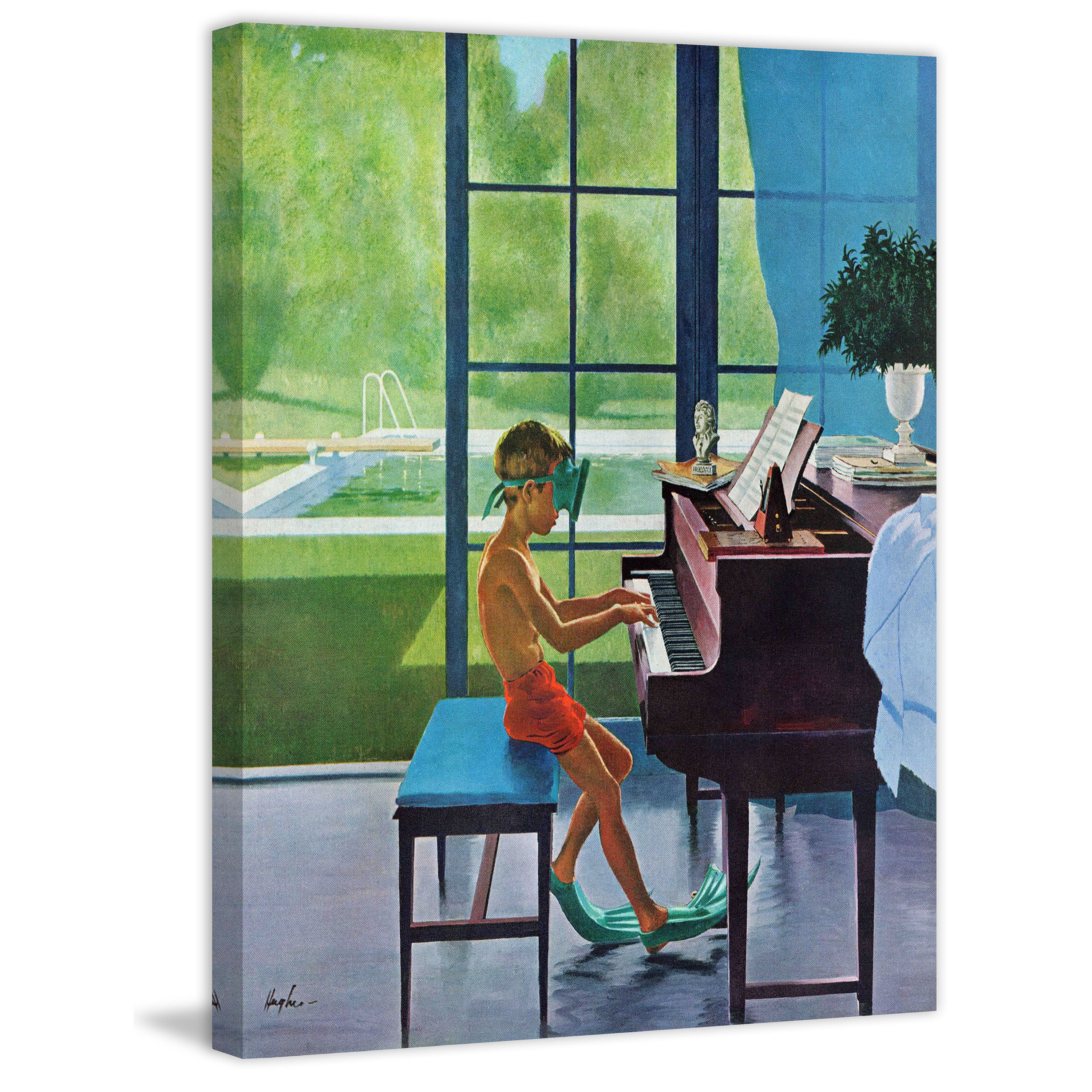 Poolside Piano Practice Canvas Wall Art