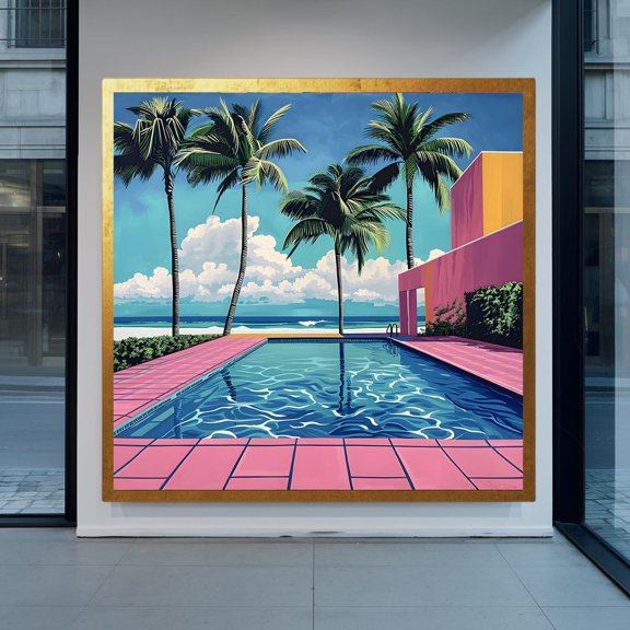 Poolside Print Hockney Style Pink & Blue Wall Art, Unframed Canvas 12x16in