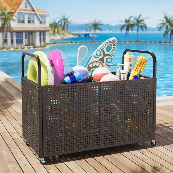 Poolside Rattan Storage Organizer, Outdoor Storage Bin with 2 Sides Handle, Pool Float Storage Holder with Mesh Rolling for Pool Noodles, Toys, Floats, Balls, and Equipment, Brown