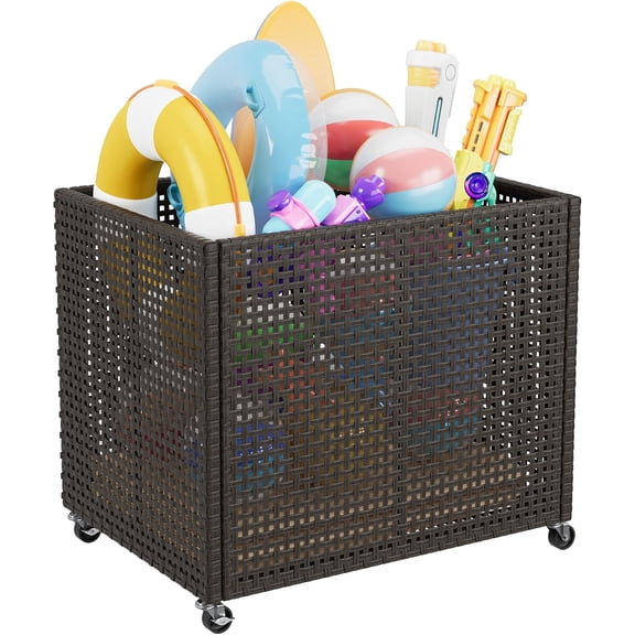 Poolside Rattan Storage Organizer, Pool Float Storage Holder with Mesh Rolling for Pool Noodles, Toys, Floats, Balls, and Equipment, Outdoor Storage Bin, Brown