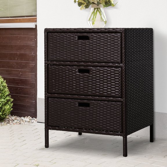 Poolside Storage Cabinet with 3 Drawers, Hand Woven PE Rattan and Powder-Coated Steel Frame