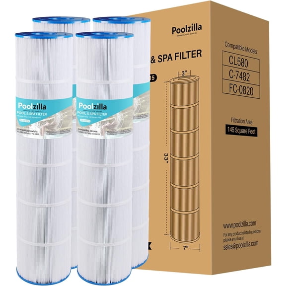 Poolzilla Pool Filter Cartridge (4 Pack) - Compatible with Unicel C-7482, Jandy CL580, CV580, PJAN145, Filbur FC-0820, A0104100, R0357900, Filbur FC-6415, SD-01109