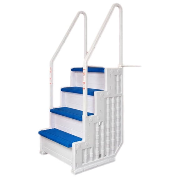 Poolzilla Premium Pool Step Ladder for Above Ground Pools - White Deck Mounted Ladder w/Blue Treads and Double Handrails - for 48 to 54 in. Above Ground Pools