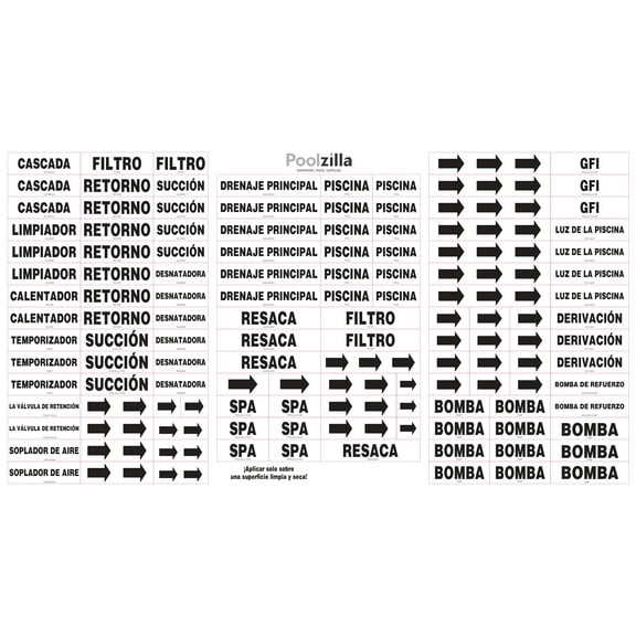 Poolzilla Spanish Premium Waterproof Sticker Labels for Swimming Pool, Plumbing, & Piping Parts, Easily Mark Different Equipment & Components of Your System For Easier Identification, 125 Labels
