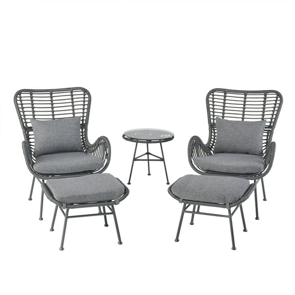 Pooneli Outdoor 5 Piece Wicker Chat Set with Ottomans, Gray and Dark Gray