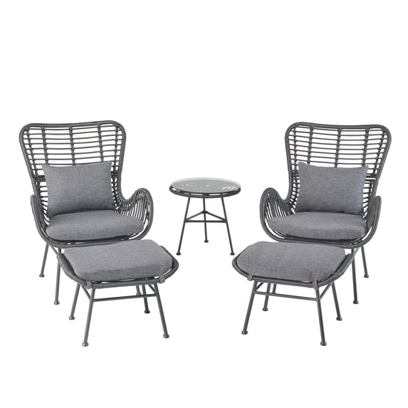 Pooneli Outdoor 5 Piece Wicker Chat Set with Ottomans, Gray and Dark Gray