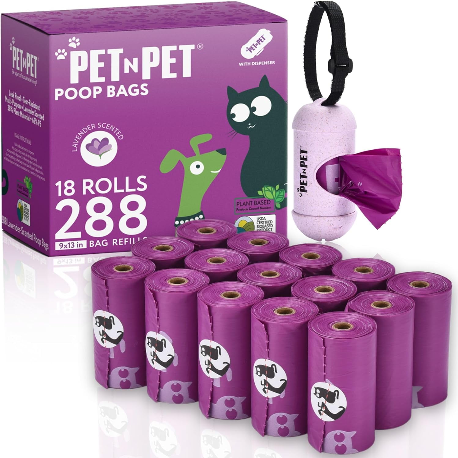 Poop Bags for Dogs, 288 Counts Lavender Scented Dog Poop Bags Rolls with Leash Dispenser, USDA Certified 38% Plant Based & 62% PE Dogs Waste Bag, Doggie Poo Bag