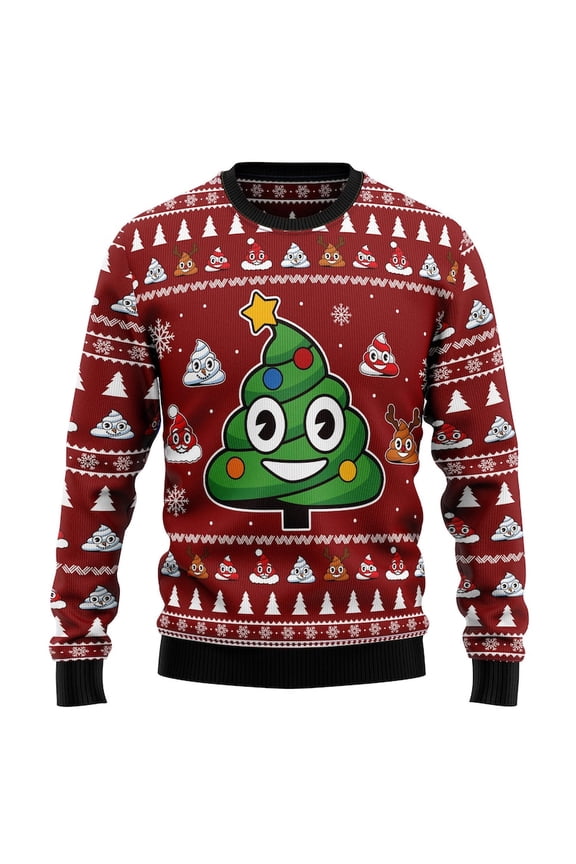 Poop Emoji Christmas Sweater, Funny Ugly Xmas Jumper, Silly Holiday Pullover with Poop Tree and Emojis, Gag Gift Party Sweater Unisex
