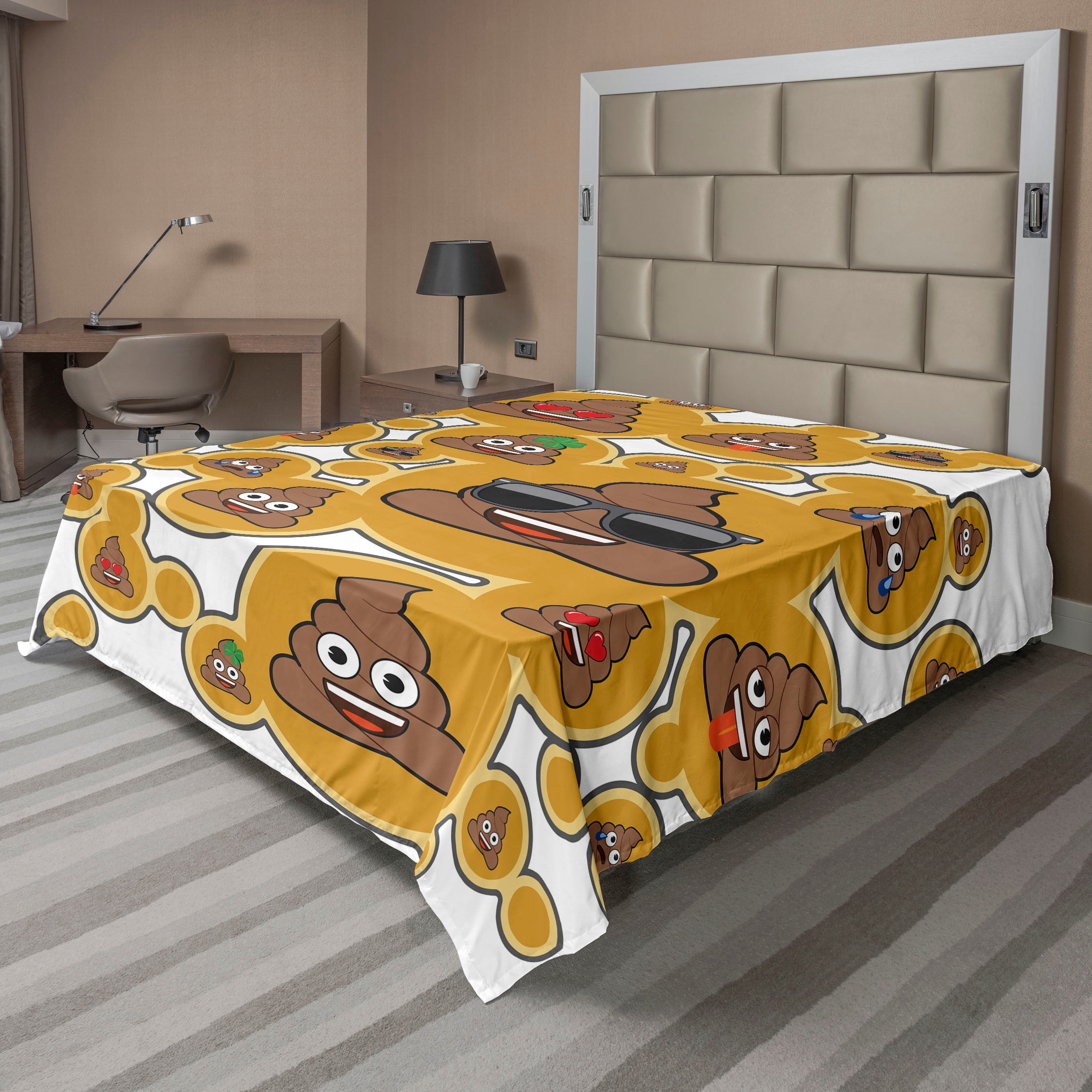Poop Emoji Flat Sheet, Brown Colors Pile of Poo Characters Funny Abstract Geometric Shapes, Soft