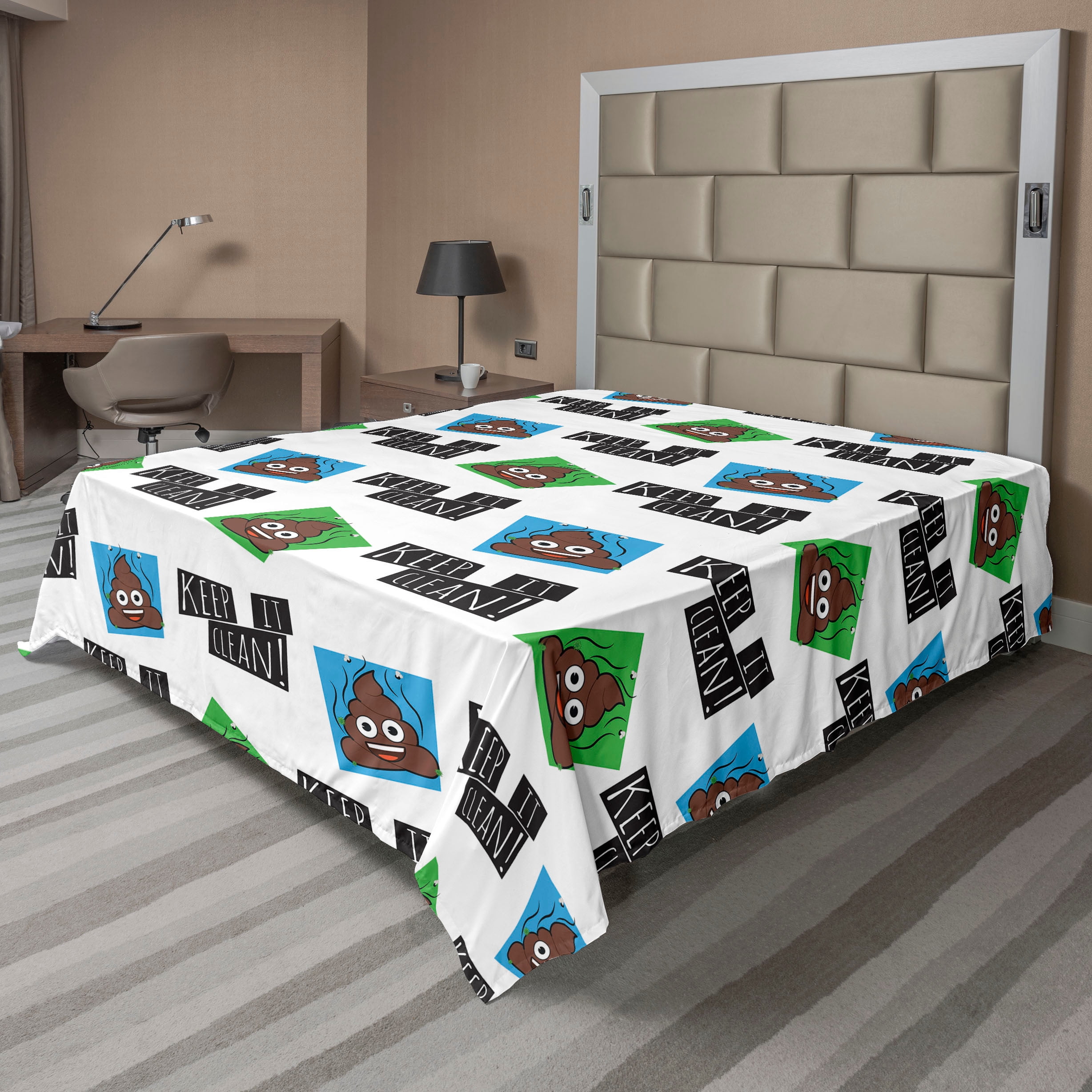 Poop Emoji Flat Sheet, Keep It Clean Saying with Poo Characters in Bicolour Shapes Print, Soft