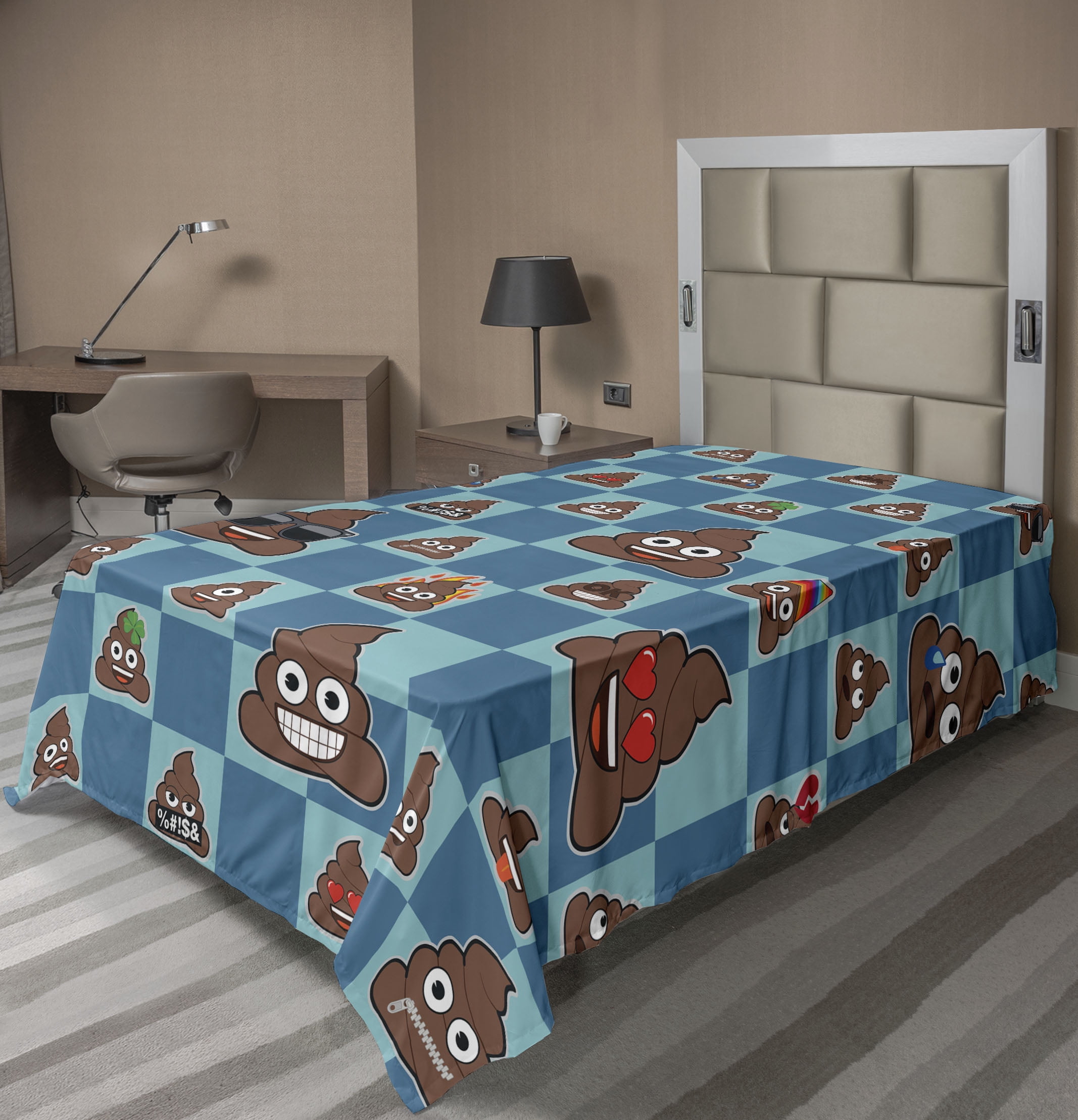 Poop Emoji Flat Sheet, Modern Pile of Poo Characters Hearts and Floral on Checkered Back, Soft