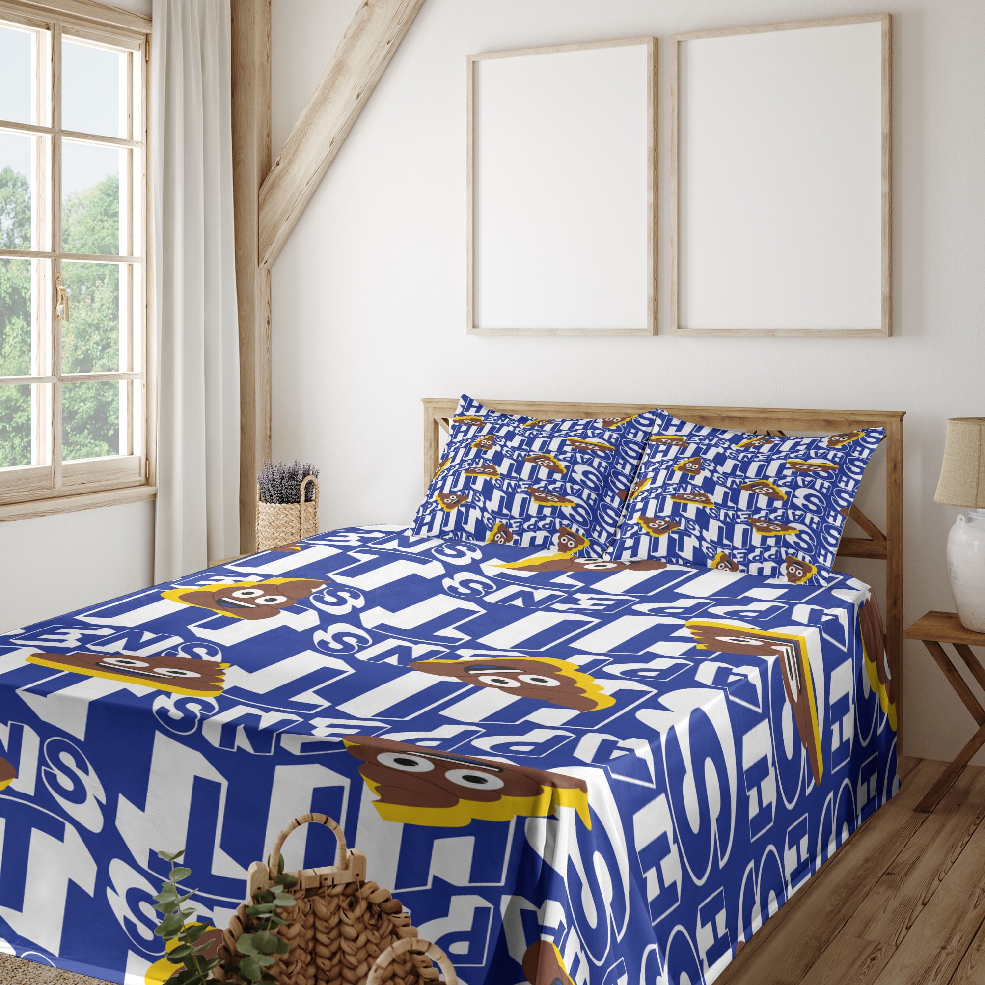 Ambesonne Poop Emoji Fitted & Top Sheet Set with Shams, Groovy Letters ...