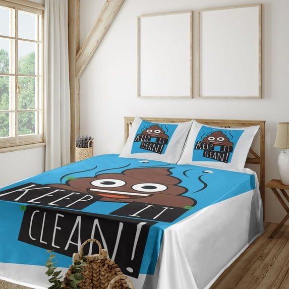 Ambesonne Poop Emoji Fitted & Top Sheet Set with Shams, Funny Poo Keep It Clean, White Sky Blue and Black
