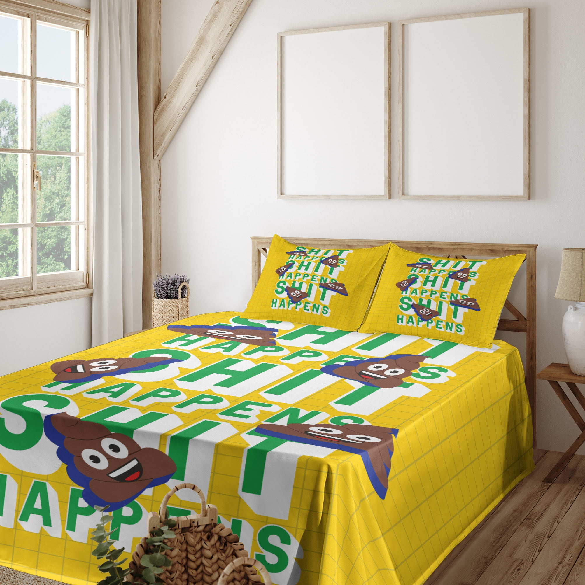 Poop Emoji Sheet Set, Graffiti Shit Happens Phrase and Funny Characters on Grid Back, Fitted