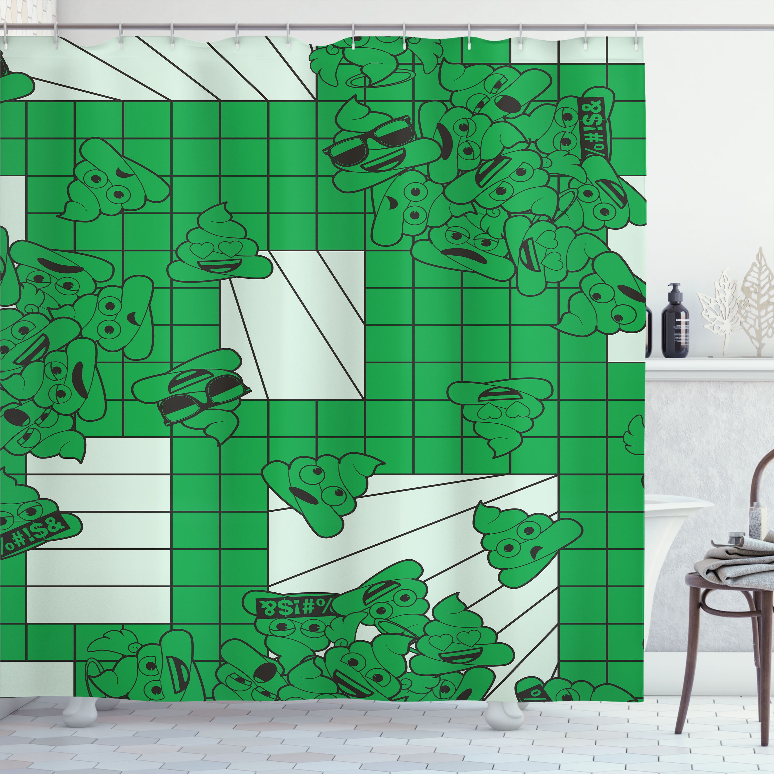 Poop Emoji Shower Curtain, Geometric Vibes Pile of Poo Characters on