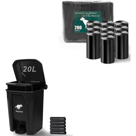 Poop Trash Can Outside, Fully Assembled   Trash Can with Lid, Pedal and Removable Inner  Bin, Poop Bin with 200 Free Bags, for Garden, Black