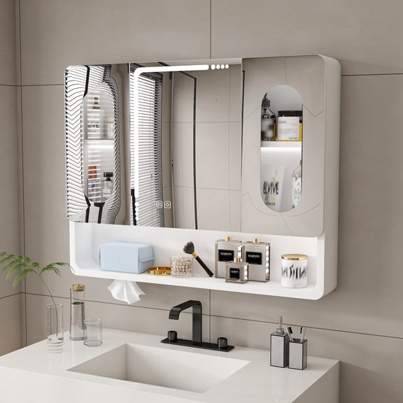 Poopeng LED Wall Mounted Bathroom Mirror Cabinet, Anti-Fog Explosion-Proof Touch Control Medicine Cabinet with 3 Color Light & Storage.