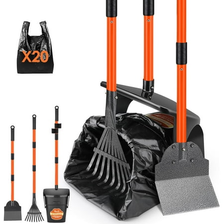 Pooper Scooper - 37.4" Long Handle Adjustable Swivel Bin & Rake & Spade Kit with 20 Bags, Portable Pooper Scooper for Gravel Lawn Grass, Suit for Small Medium Large