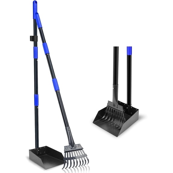 Pooper Scooper, Dog Pooper Scooper Tray and Rake Set with Adjustable Stainless Steel Long Handle for Large Medium Small Dogs (Blue)