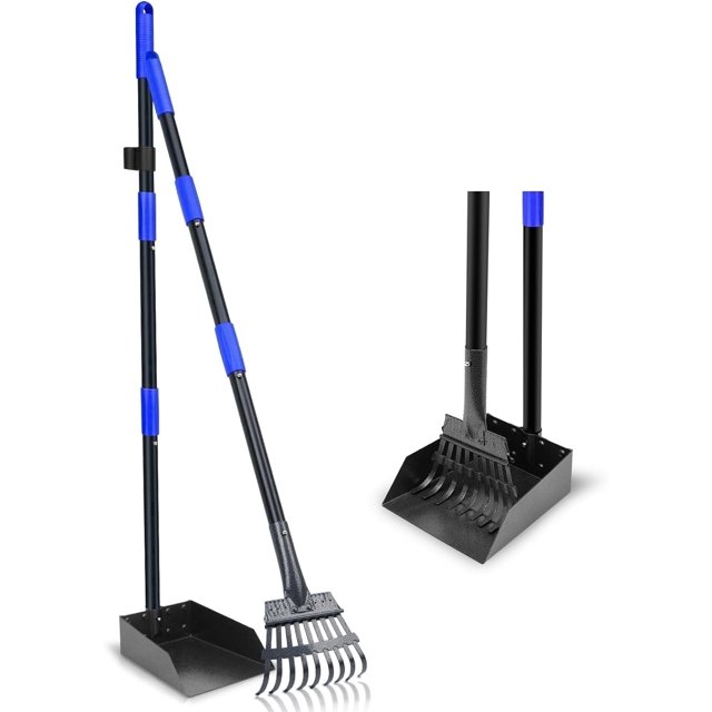 Pooper Scooper, Dog Pooper Scooper Tray and Rake Set with Adjustable Stainless Steel Long Handle for Large Medium Small Dogs (Blue)