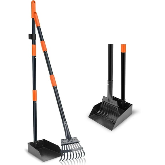 Pooper Scooper, Dog Pooper Scooper Tray and Rake Set with Adjustable Stainless Steel Long Handle for Large Medium Small Dogs