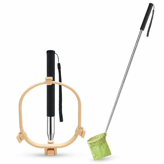 Pooper Scooper for Dogs, Hands-Free Pet Waste Pickup Tool, Foldable 8 Inch Design with 32 Inch Extendable Handle, Stainless Steel Rod, Walks and Travel