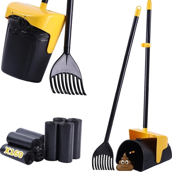 Pooper Scooper Large Swivel Bin & Rake with 160  Bags,  Pooper Scooper with Bag Attachment for Dogs, Long Handle Poop Scooper with Lid for Yard, Grass, Gravel(Yellow)