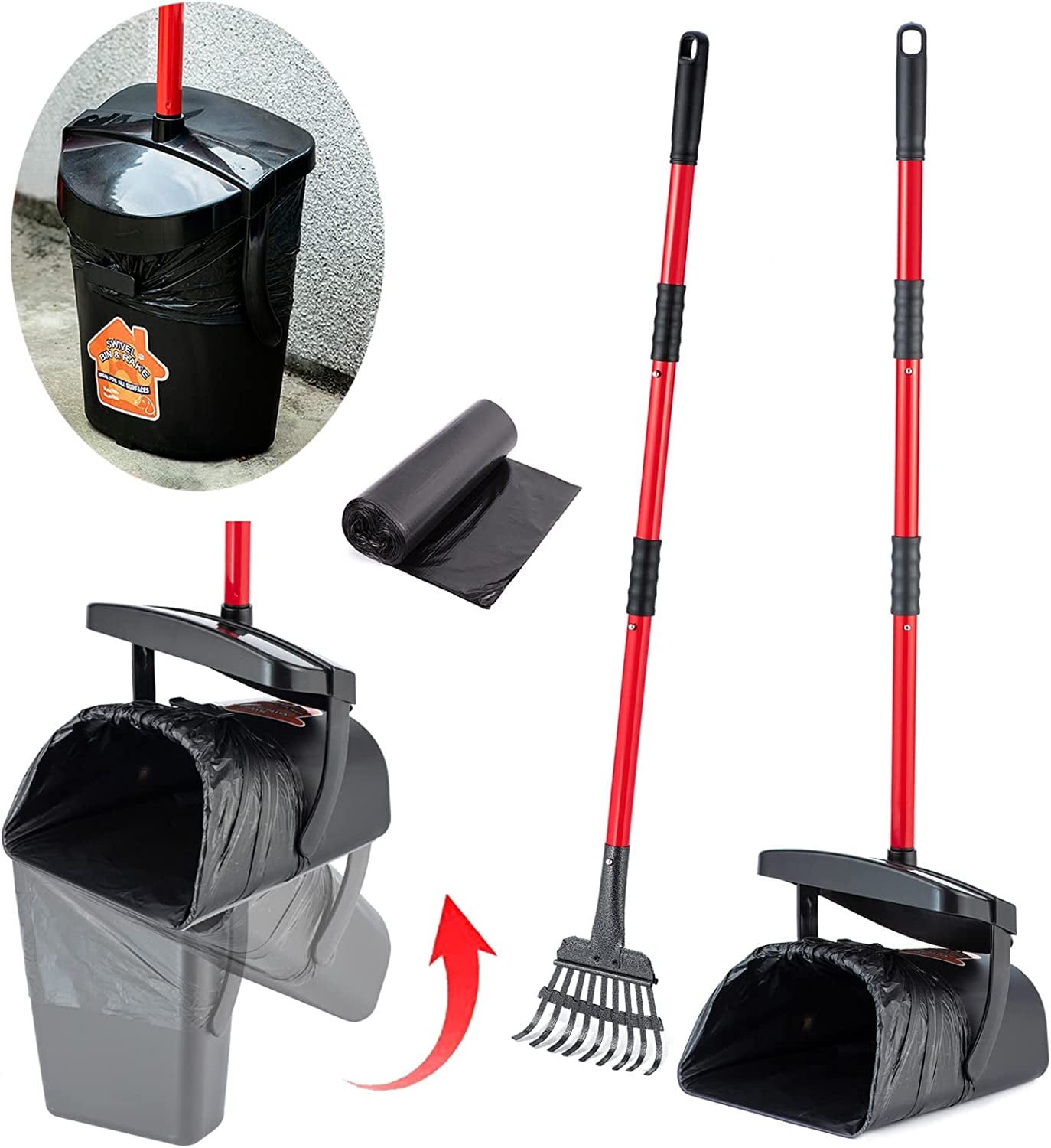 Pooper Scooper Large Swivel Bin & Rake for Large & Small Dogs Non