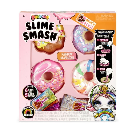 Poopsie Slime Surprise! Smash Rainbow Neapolitan Play Food Toy with Crunchy Glitter Slime & 4 Donut Shaped Storage Cases (6 oz of Slime) for Children Ages 4 5 6+