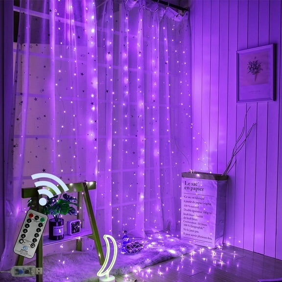 Pooqla Window Curtain Light, 9.8ft 300 LED Waterproof Fairy String Lights with 8 Modes, USB Powered for Indoor Outdoor Halloween Decor,Purple