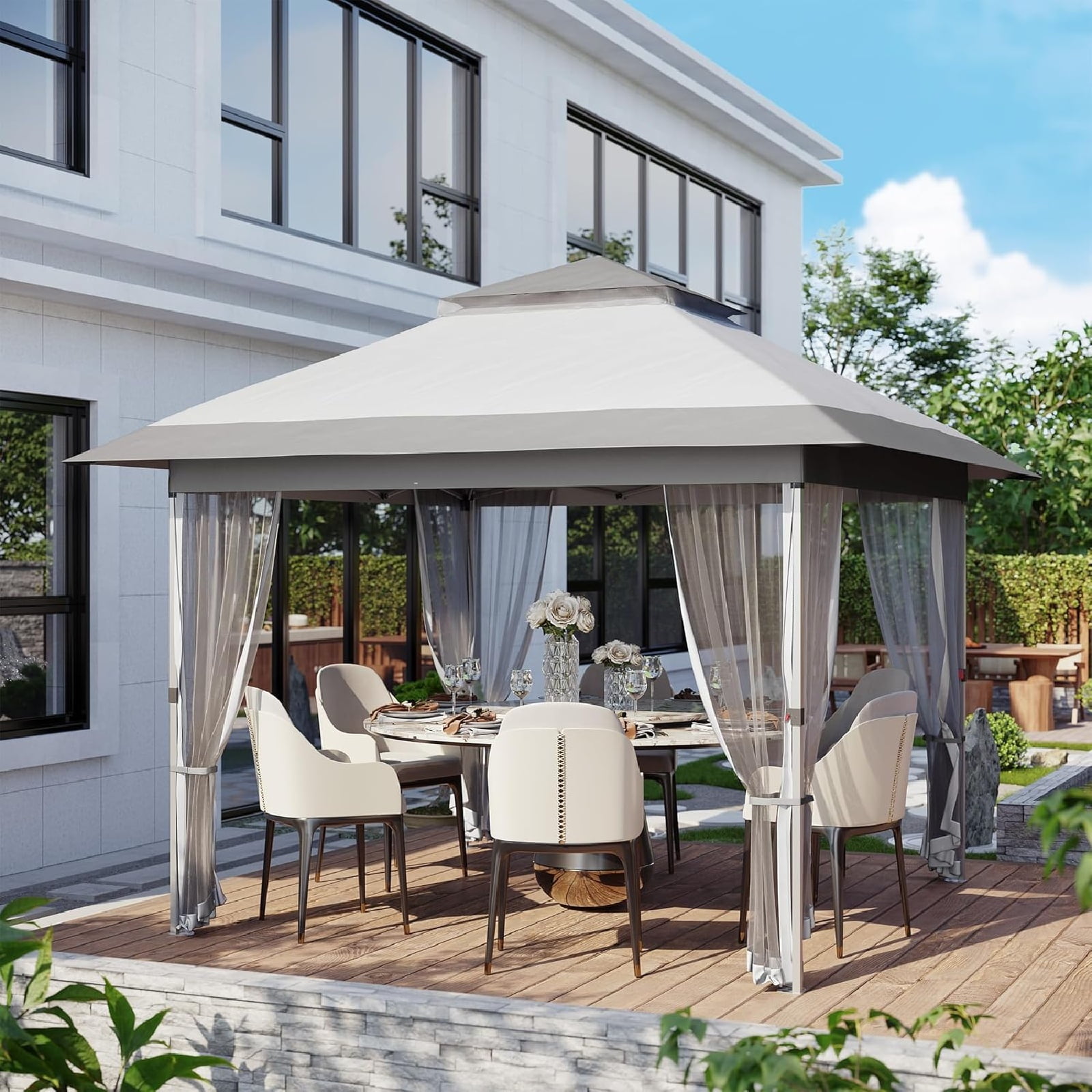 Pop Up 10'x10' Gazebo Outdoor Canopy Tent with Mosquito Netting, Pop Up Canopy Tent with Curtains/Adjustable Height/Wheeled Carry Bag for Patio Garden Backyard Lawn