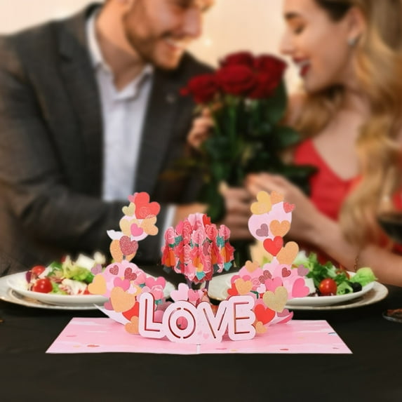 Pop Up 3D Love Greeting Card with Roses and Heart Design, Valentines Day Card for Anniversary, Wedding, 7.87 x 5.91 Inches, Valentines Day Card for Loved Ones