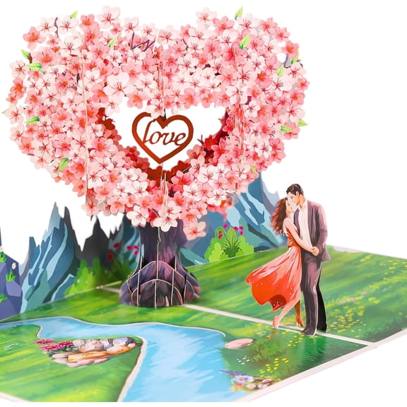 Pop Up Anniversary Cards 3D Cherry Blossom Couple in Love, Romantic Birthday Card for Wife, Husband, Her, Him, Girlfriend, Ideal Gift for Birthday, Wedding, Valentine's Day, Mothers Day, 6x8 inch
