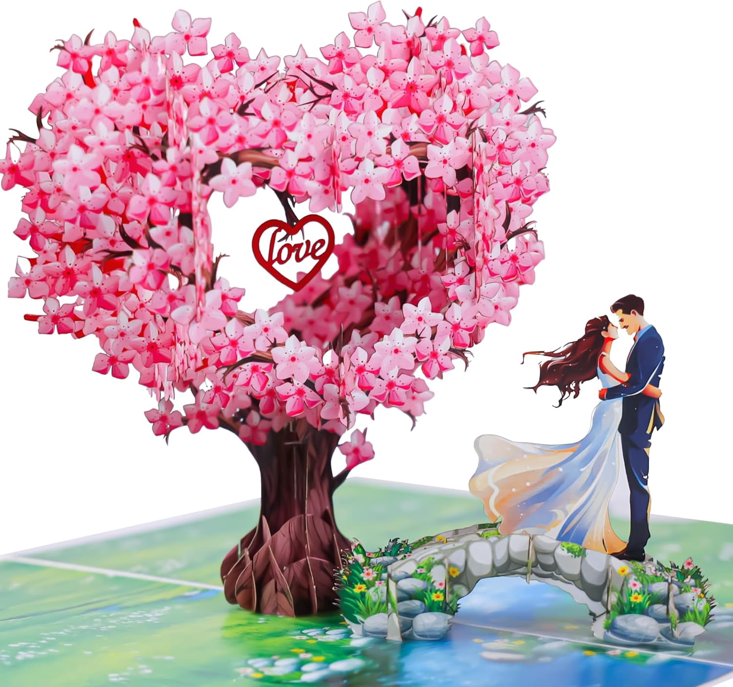 Pop Up Anniversary Cards, 3D Heart Cherry Blossom, Bridge with Couple Wedding Cards for Wife, Husband, Her, Him, Girlfriend, Ideal Gift for Birthday, Wedding, Valentines, Mothers Day, 6x8 inch