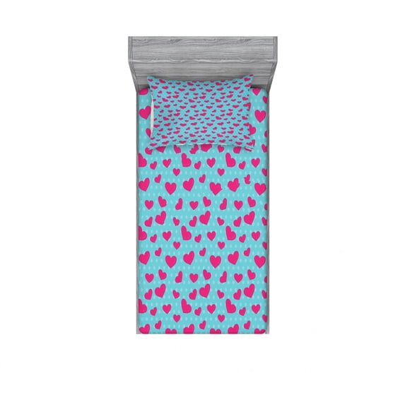 Pop Art Bedding Set with Sheet & Covers, Retro 50s 60s Style Image with Hearts Abstract Polka Dots Art Print, Printed Bedroom Decor 2 Shams, 4 Sizes, Hot Pink and Turquoise, by Ambesonne
