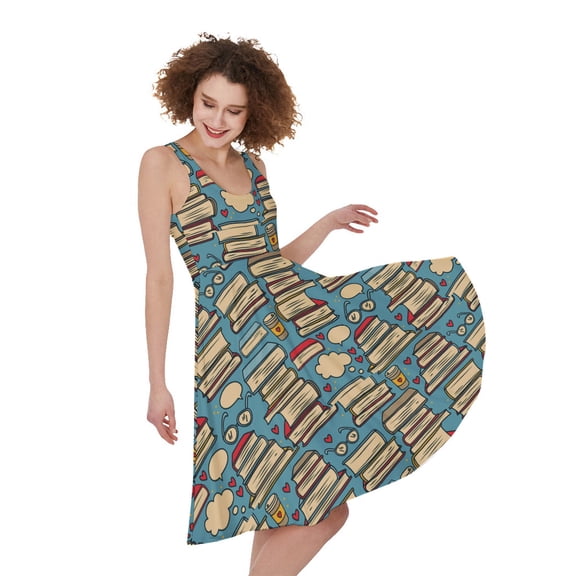 Pop Art Books Pattern Print Sleeveless Knee Length Dress, Book Reading Lover Fashion Summer Maxi Dress For Women.