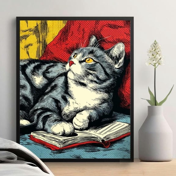 Pop Art Cat Reading Book Print Retro Comic Style Literary Wall Art