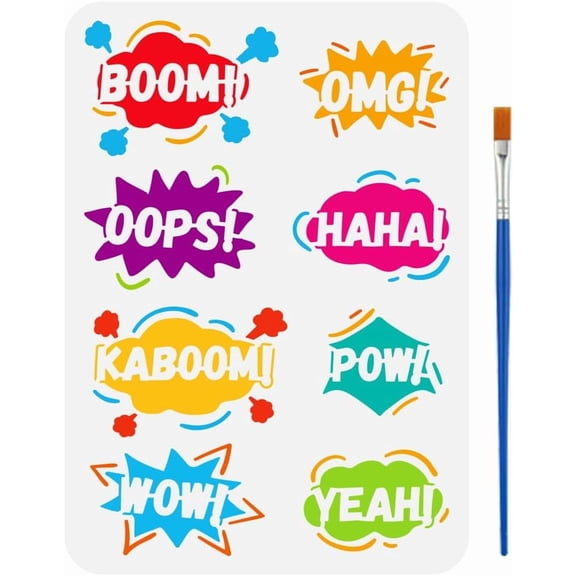 Pop Art Comic Stencils with a Paint Brush 11.7x8.3Inch Dialog Text Painting Stencils Boom Wow Yeah OMG POW Drawing Stencils Logo Themes Word Template for Wall Fabric FloorMixed Color