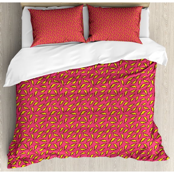 Pop Art Duvet Cover Set, Comic Book Style Repeated Zigzag Electrical Power Thunder Bolt Motifs, Decorative 3 Piece Bedding Set with 2 Pillow Shams, King Size, Dark Coral Yellow Black, by Ambesonne