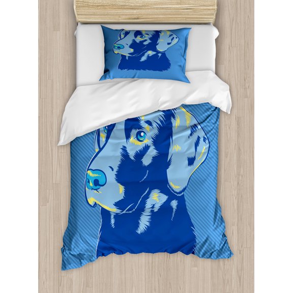 Pop-Art Duvet Cover Set, Domestic Labrador Retriever Dog Portrait Layout on Striped Background, Decorative 2 Piece Bedding Set with 1 Pillow Shams, Twin Size, Pastel Yellow Pale Blue, by Ambesonne