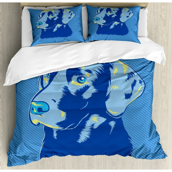 Pop-Art Duvet Cover Set, Domestic Labrador Retriever Dog Portrait Layout on Striped Background, Decorative 3 Piece Bedding Set with 2 Pillow Shams, King Size, Pastel Yellow Pale Blue, by Ambesonne