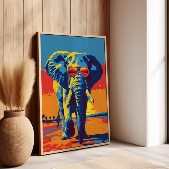 Pop Art Elephant Sunset Wall Art Funky Animal Decor, Unframed Paper Print Size 8x12