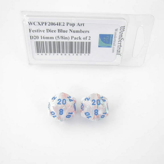 Pop Art Festive Dice with Blue Numbers D20 Aprox 16mm (5/8in) Pack of 2 Wondertrail