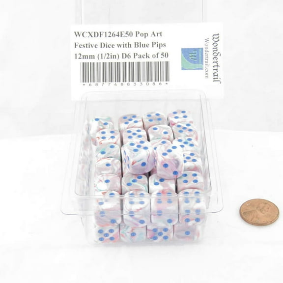 Pop Art Festive Dice with Blue Pips 12mm (1/2in) D6 Pack of 50 Wondertrail
