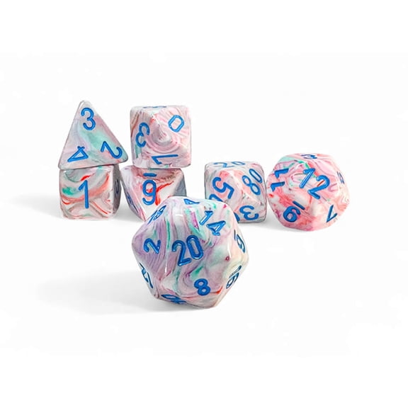 Pop Art Festive Mega-Hedral Dice with Blue Colored Numbers 20mm (25/32in) Set of 7 Dice Chessex