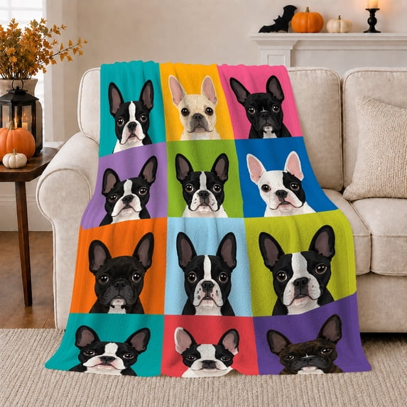 Pop-Art French Bulldog Grid Vibrant Colors, Playful Pet Portrait Pattern, Warm Flannel Blanket for Living Room and Reading Nook, Dog Lovers Friendship Gift, Pet Lover Home Decor