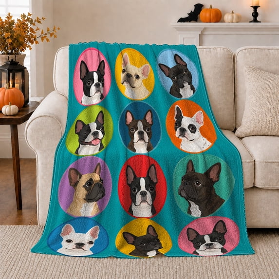 Pop Art French Bulldog Portrait Grid Teal, Playful Pet Portrait Pattern, Warm Flannel Blanket for Living Room and Bedroom, Dog Lovers Father's Day Gift, Pet Lover Home Decor